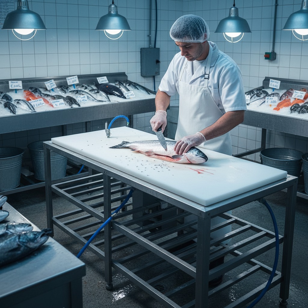 Polymer cutting surface for fish processing