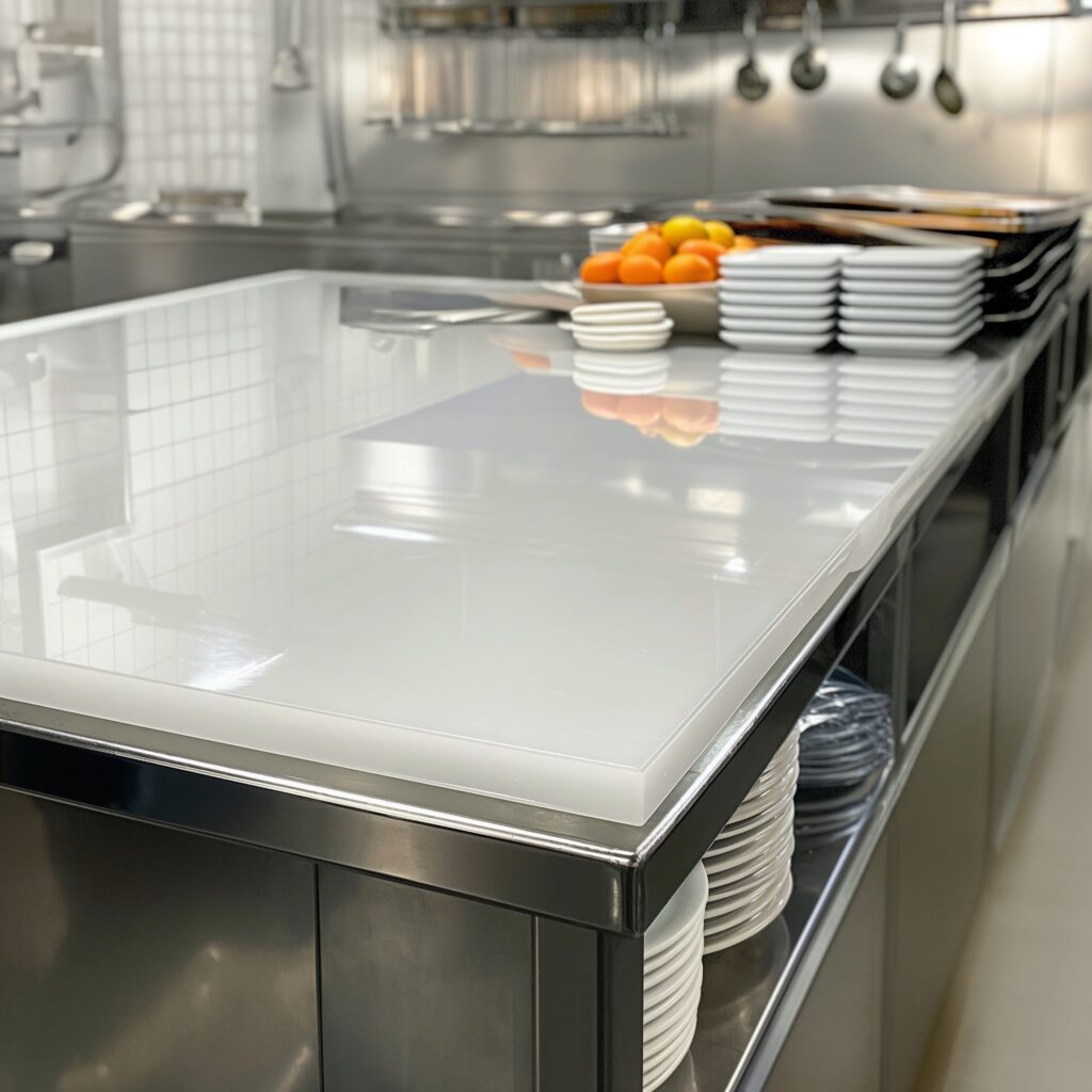 Hygienic polymer worktop in an industrial kitchen