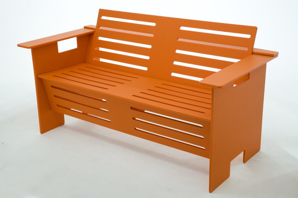 Orange outdoor bench fabricated from Lamiboard sheet