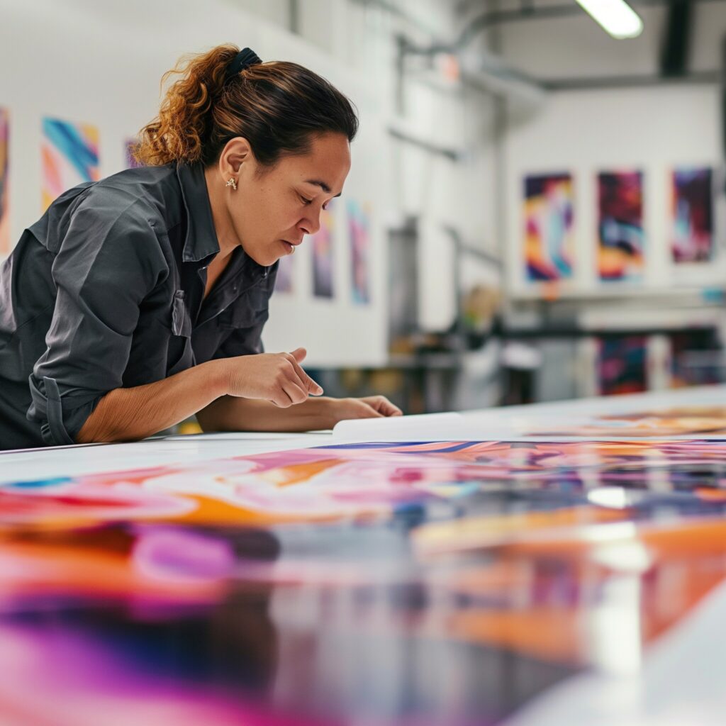 Print professional inspecting a colorful Lamiprint output sample