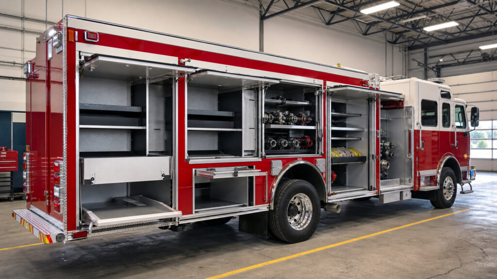 Fire apparatus with open equipment compartments