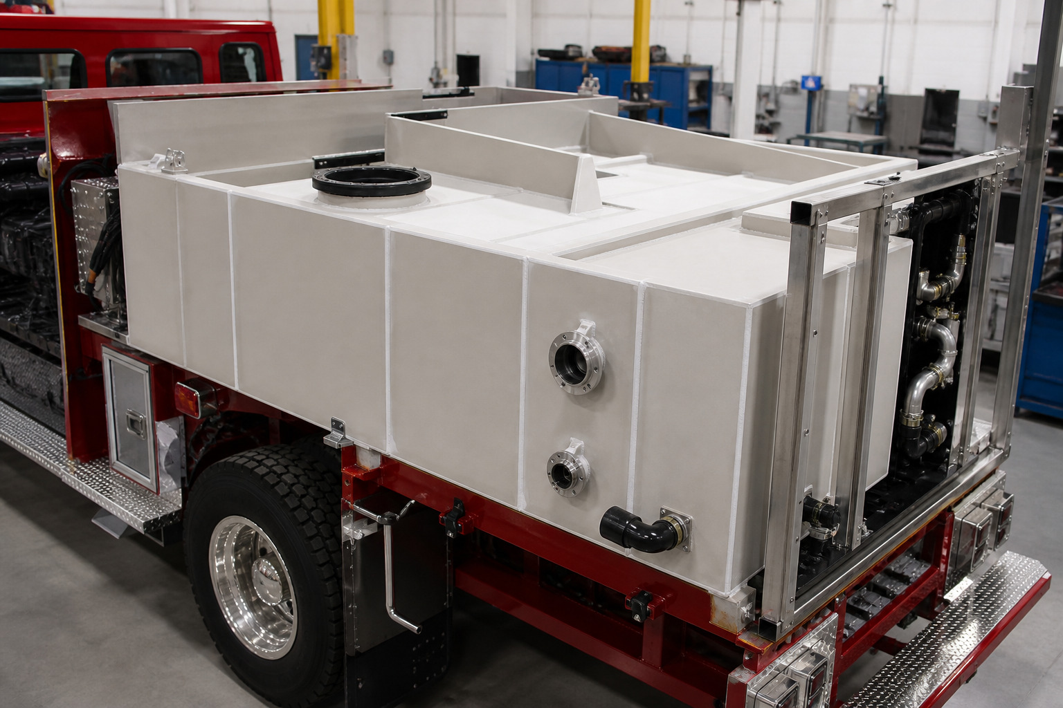 Fabricated polymer pumper water tank in a fire apparatus